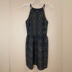 NWT Aqua Black & Gold Dress, A-Line Style, Halter, Peplum